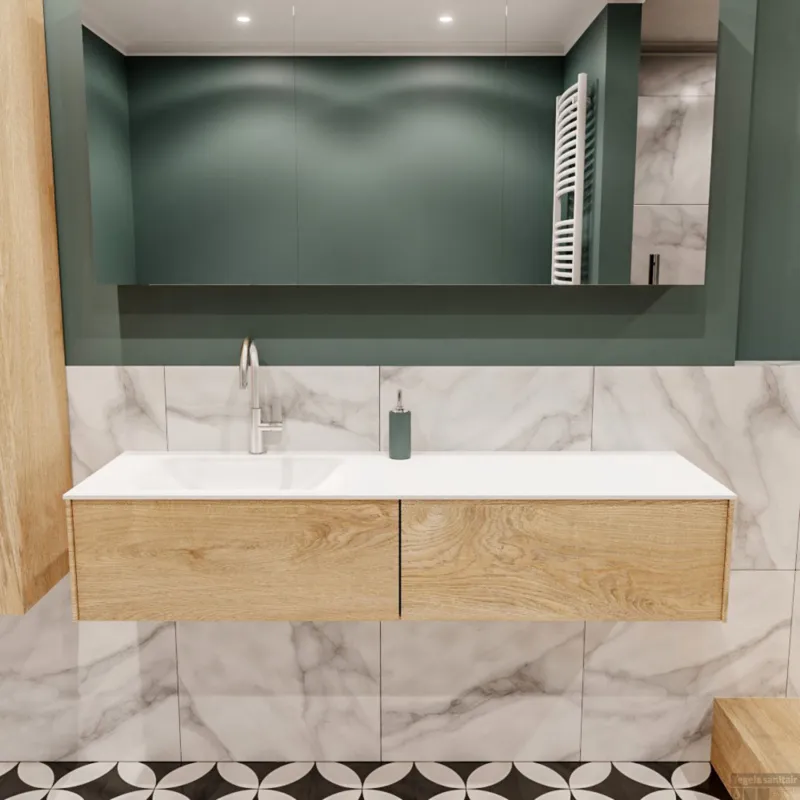 Finale Uitverkoop Badkamermeubel BWS Madrid Washed Oak 150x45x30 cm Mat Witte Solid Surface Wastafel Links (2 lades, 1 kraangat)