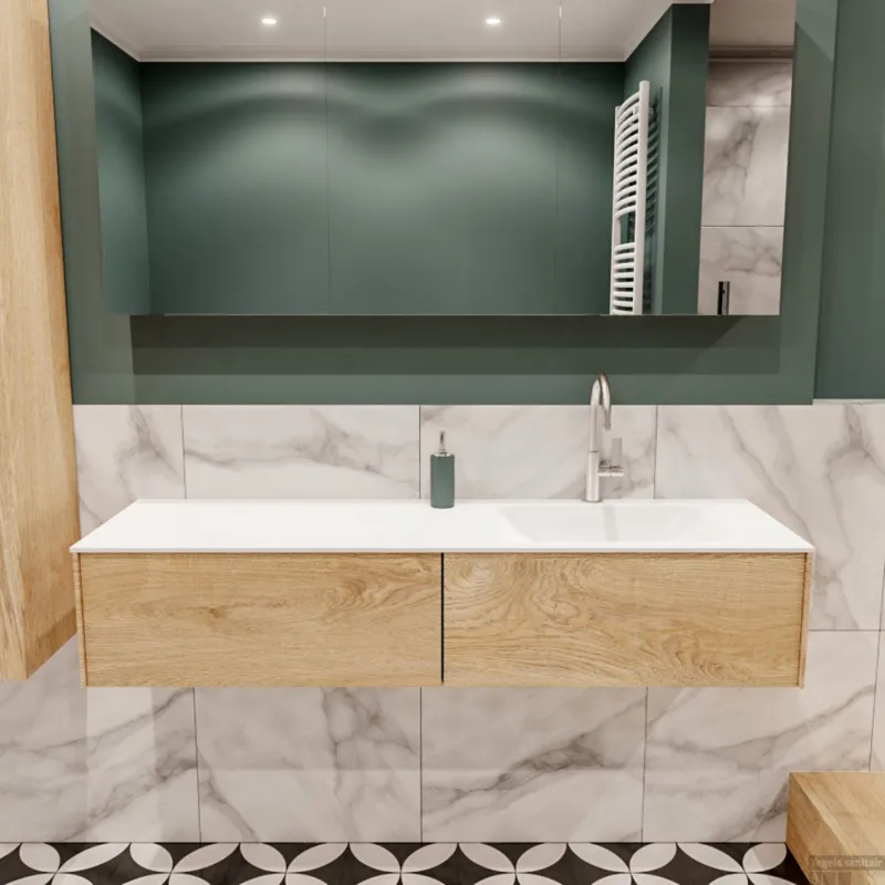 Badkamermeubel BWS Madrid Washed Oak 150x45x30 cm Mat Witte Solid Surface Wastafel Rechts (2 lades, 1 kraangat) Seizoensaanbieding