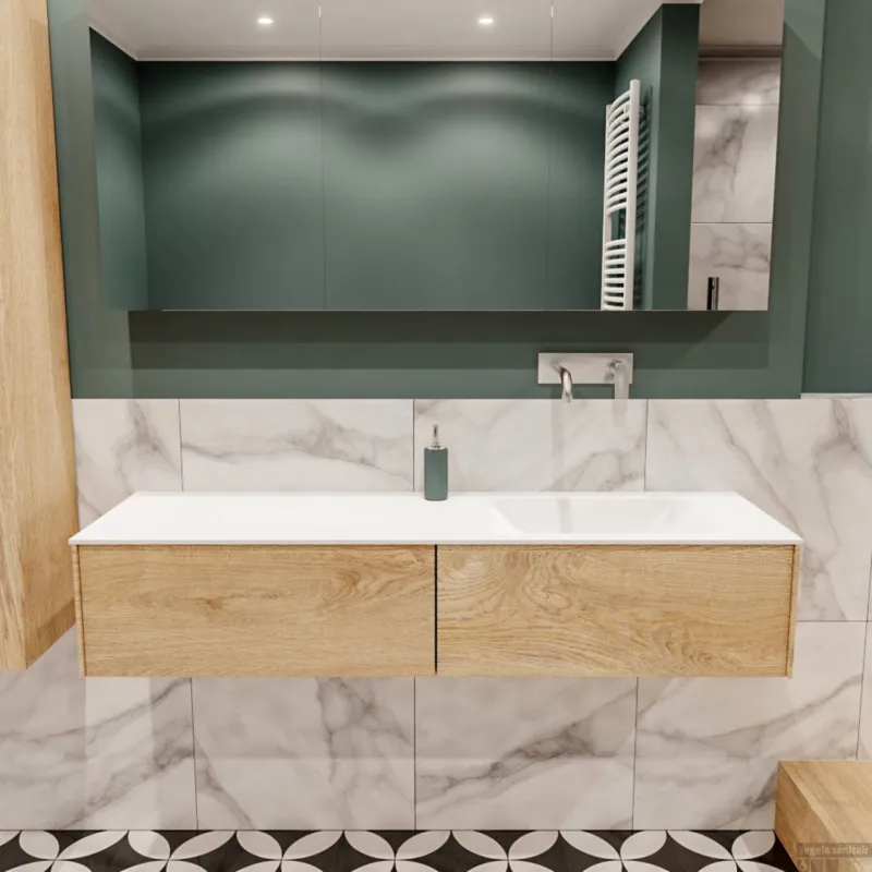 Beperkte Voorraad Badkamermeubel BWS Madrid Washed Oak 150x45x30 cm Mat Witte Solid Surface Wastafel Rechts (2 lades, 0 kraangaten)