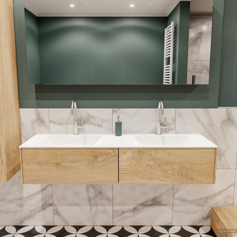 Badkamermeubel BWS Madrid Washed Oak 150x45x30 cm Mat Witte Solid Surface Wastafel Dubbel (2 lades, 2 kraangaten) Beperkt Aanbod