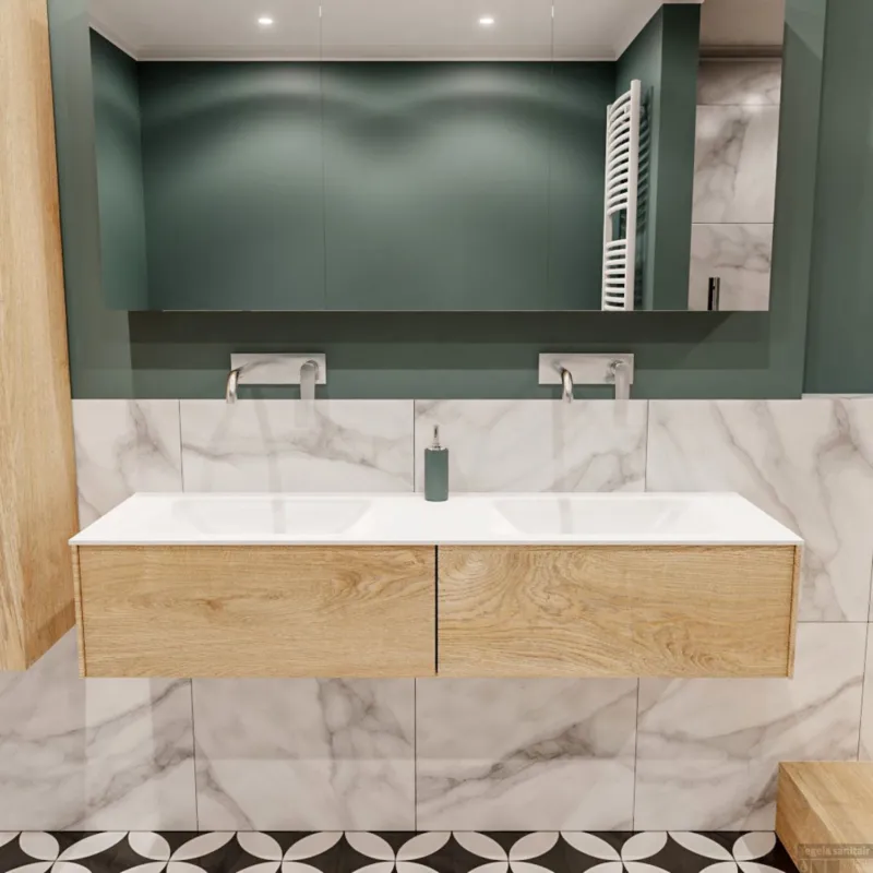 Badkamermeubel BWS Madrid Washed Oak 150x45x30 cm Mat Witte Solid Surface Wastafel Dubbel (2 lades, 0 kraangaten) Direct Beschikbaar