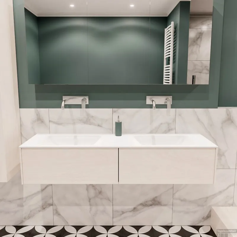 Badkamermeubel BWS Madrid Wit 150x45x30 cm Mat Witte Solid Surface Wastafel Dubbel (2 lades, 0 kraangaten) Laatste Kans