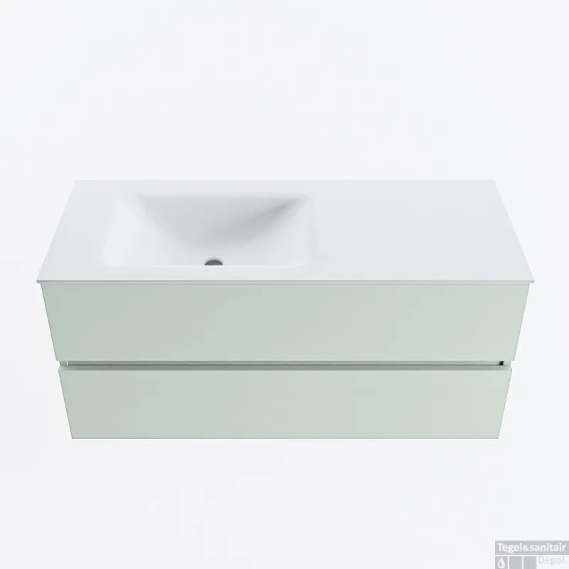 Direct Verzonden MONDIAZ VICA 110cm badmeubel onderkast Greey 2 lades. Wastafel CLOUD links zonder kraangat, kleur Talc.