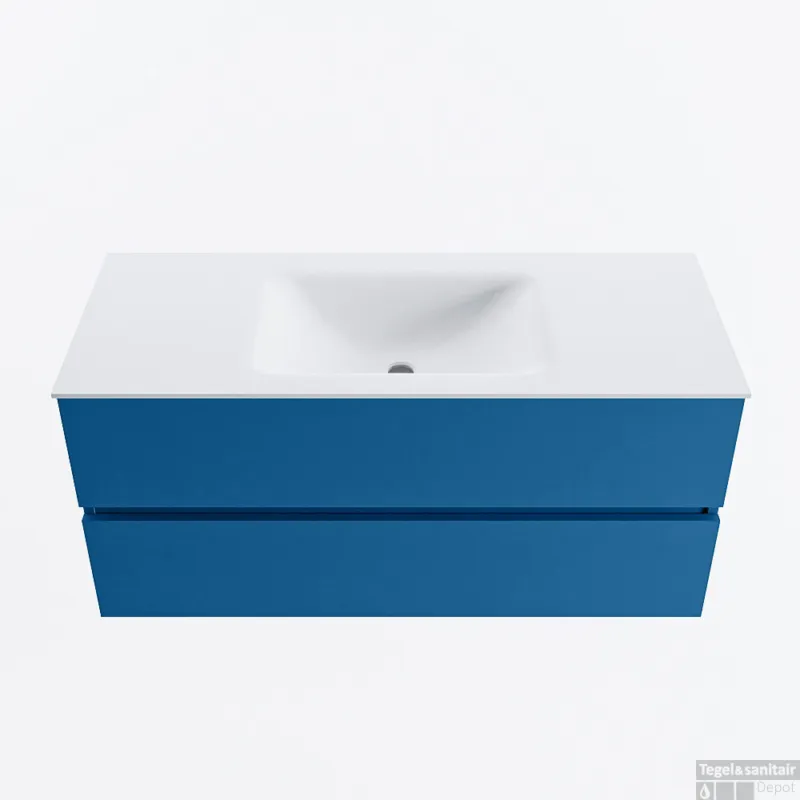 Weekendaanbieding MONDIAZ VICA 110cm badmeubel onderkast Jeans 2 lades. Wastafel CLOUD midden zonder kraangat, kleur Talc.