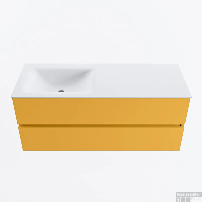 Dagaanbieding MONDIAZ VICA 120cm badmeubel onderkast Ocher 2 lades. Wastafel CLOUD links zonder kraangat, kleur Talc.