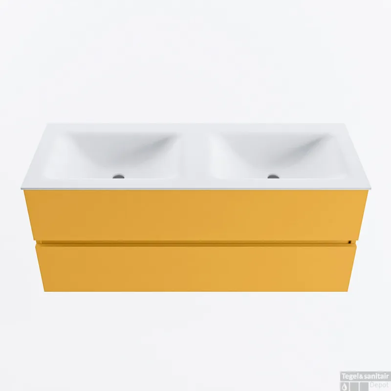 Populair MONDIAZ VICA 120cm badmeubel onderkast Ocher 2 lades. Wastafel CLOUD dubbel zonder kraangat, kleur Talc.