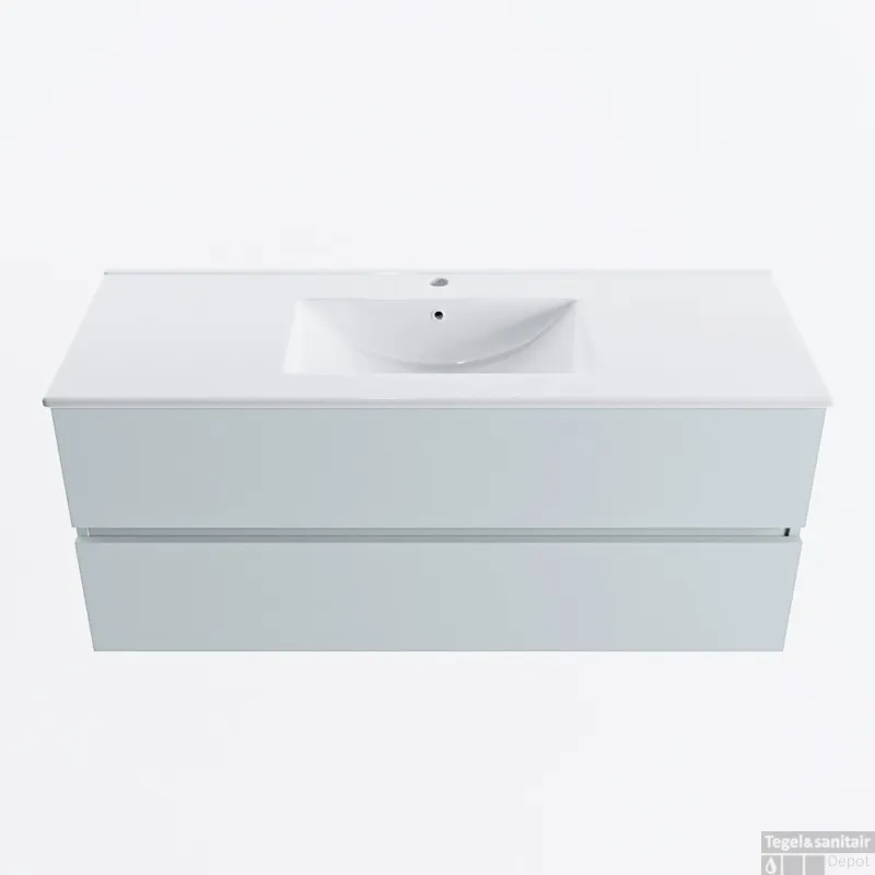 Snelle Levering MONDIAZ VICA 120cm badmeubel onderkast Clay 2 lades. Wastafel DENIA midden 1 kraangat, kleur Glanzend Wit.