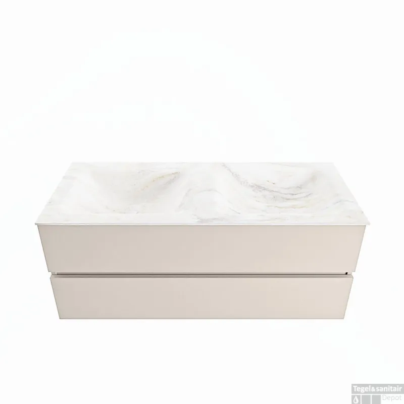 MONDIAZ VICA-DLUX 120cm badmeubel onderkast Linen 2 lades. Inbouw wastafel CLOUD dubbel zonder kraangat, kleur Ostra. Actieprijs