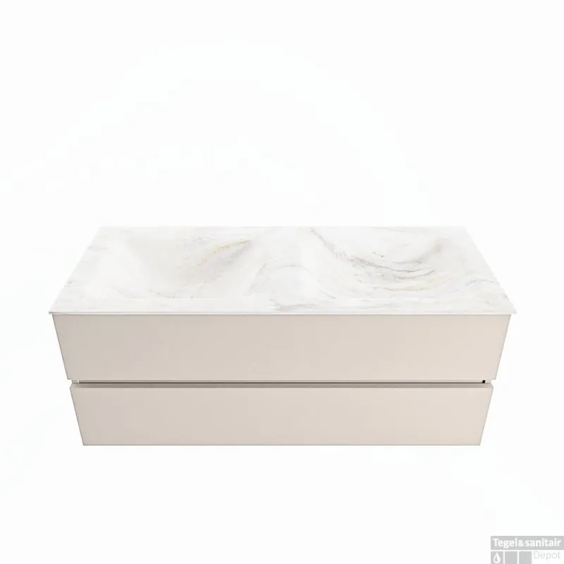 Beperkte Voorraad MONDIAZ VICA-DLUX 120cm badmeubel onderkast Linen 2 lades. Inbouw wastafel CLOUD dubbel 2 kraangaten, kleur Ostra.