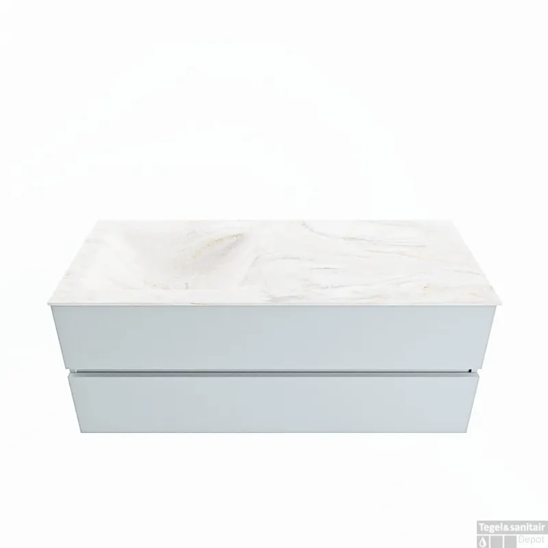 Seizoensaanbieding MONDIAZ VICA-DLUX 120cm badmeubel onderkast Clay 2 lades. Inbouw wastafel CLOUD links zonder kraangat, kleur Ostra.