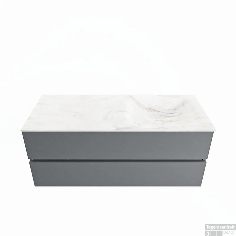 MONDIAZ VICA-DLUX 120cm badmeubel onderkast Plata 2 lades. Inbouw wastafel CLOUD rechts zonder kraangat, kleur Ostra. Betrouwbaar