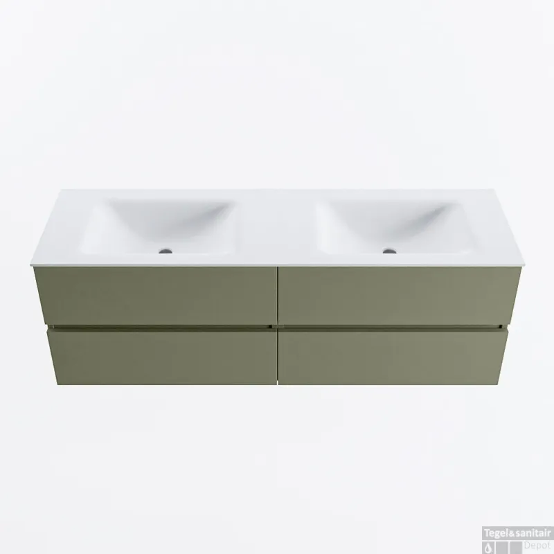 Aanbieding MONDIAZ VICA 150cm badmeubel onderkast Army 4 lades. Wastafel CLOUD dubbel zonder kraangat, kleur Talc.