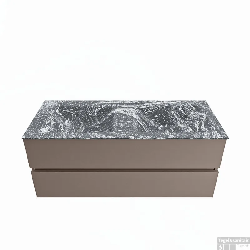Op = Op MONDIAZ VICA-DLUX 120cm badmeubel onderkast Smoke 2 lades. Inbouw wastafel CLOUD dubbel 2 kraangaten, kleur Lava.
