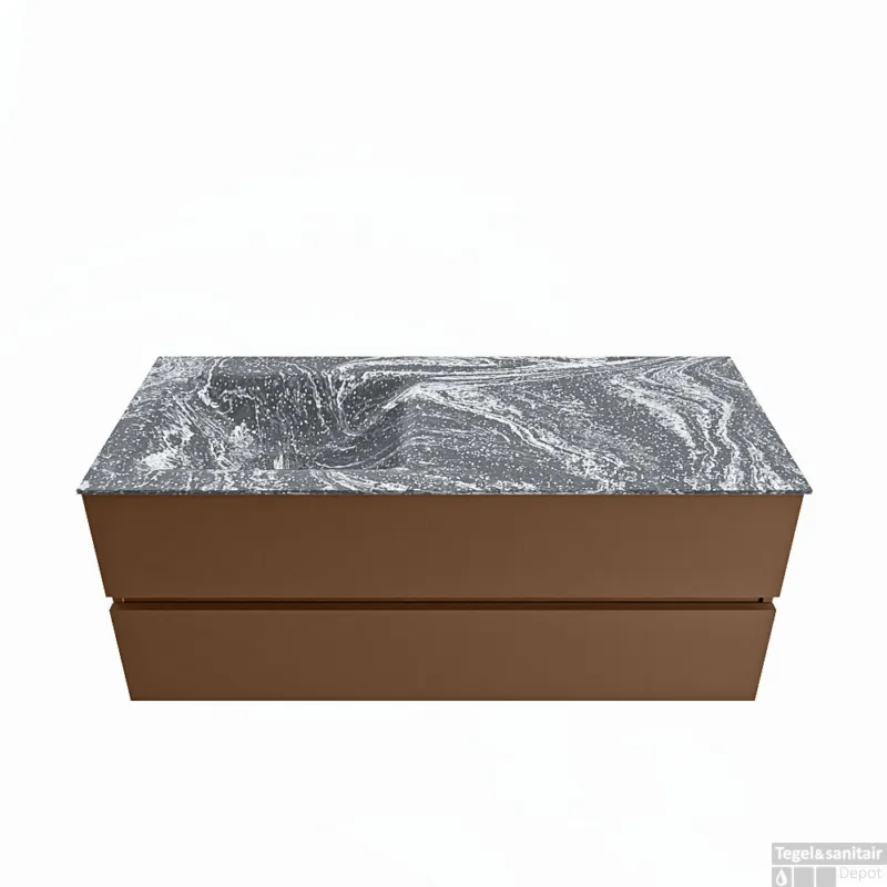 Premium MONDIAZ VICA-DLUX 120cm badmeubel onderkast Rust 2 lades. Inbouw wastafel CLOUD links zonder kraangat, kleur Lava.