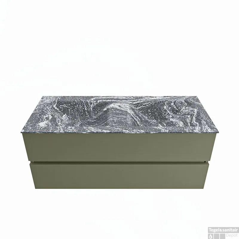 Actieprijs MONDIAZ VICA-DLUX 120cm badmeubel onderkast Army 2 lades. Inbouw wastafel CLOUD dubbel zonder kraangat, kleur Lava.