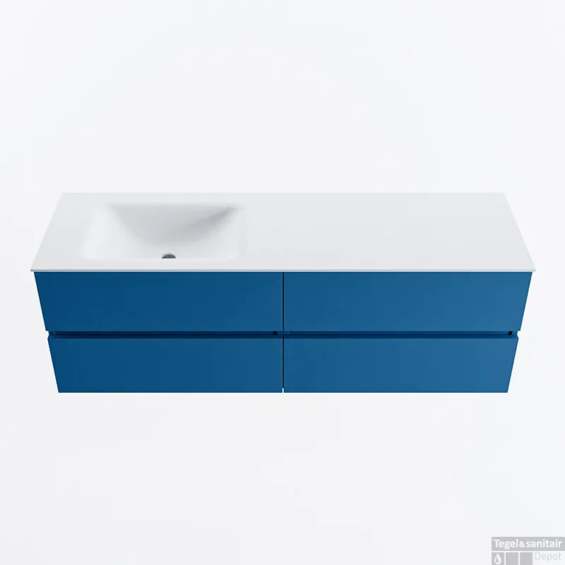 Op = Op MONDIAZ VICA 150cm badmeubel onderkast Jeans 4 lades. Wastafel CLOUD links 1 kraangat, kleur Talc.