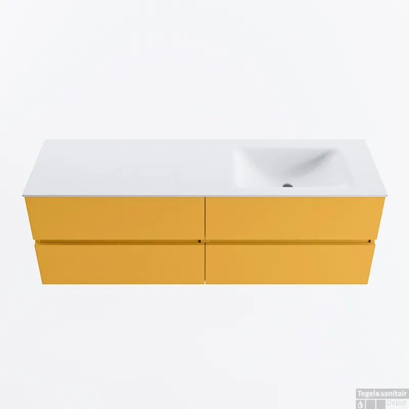 Aanbieding MONDIAZ VICA 150cm badmeubel onderkast Ocher 4 lades. Wastafel CLOUD rechts 1 kraangat, kleur Talc.