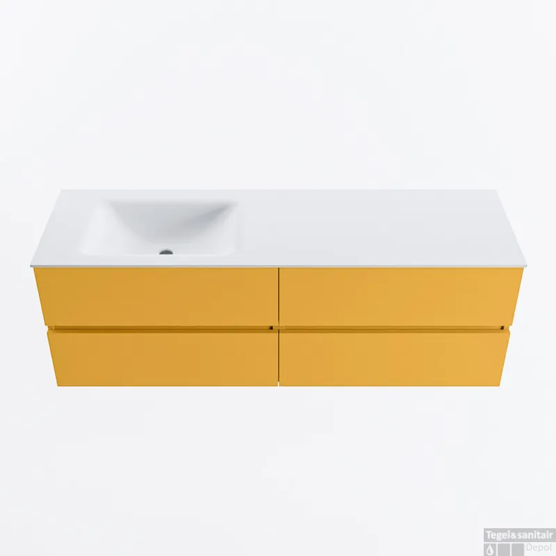 Fabrieksprijs MONDIAZ VICA 150cm badmeubel onderkast Ocher 4 lades. Wastafel CLOUD links zonder kraangat, kleur Talc.