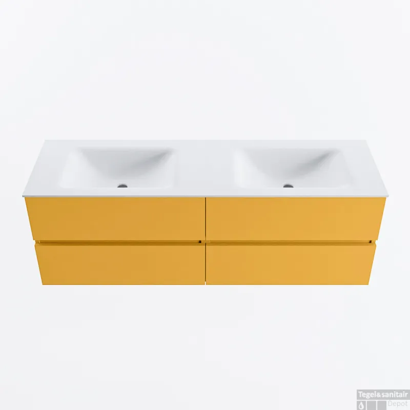 Dagaanbieding MONDIAZ VICA 150cm badmeubel onderkast Ocher 4 lades. Wastafel CLOUD dubbel zonder kraangat, kleur Talc.