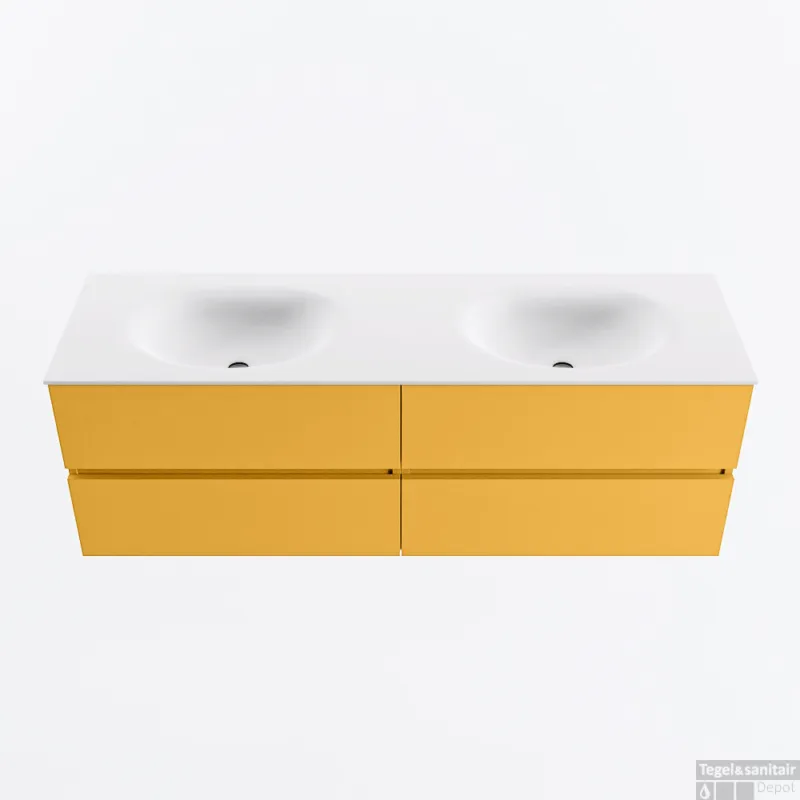 Voordeelprijs MONDIAZ VICA 150cm badmeubel onderkast Ocher 4 lades. Wastafel MOON dubbel 2 kraangaten, kleur Talc.