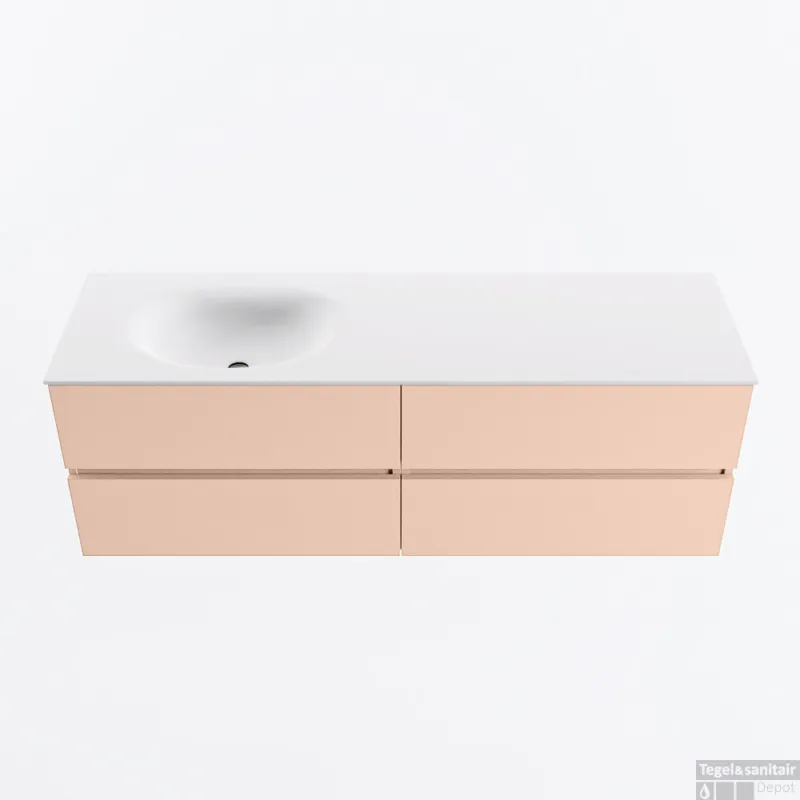 Snelle Levering MONDIAZ VICA 150cm badmeubel onderkast Rosee 4 lades. Wastafel MOON links 1 kraangat, kleur Talc.