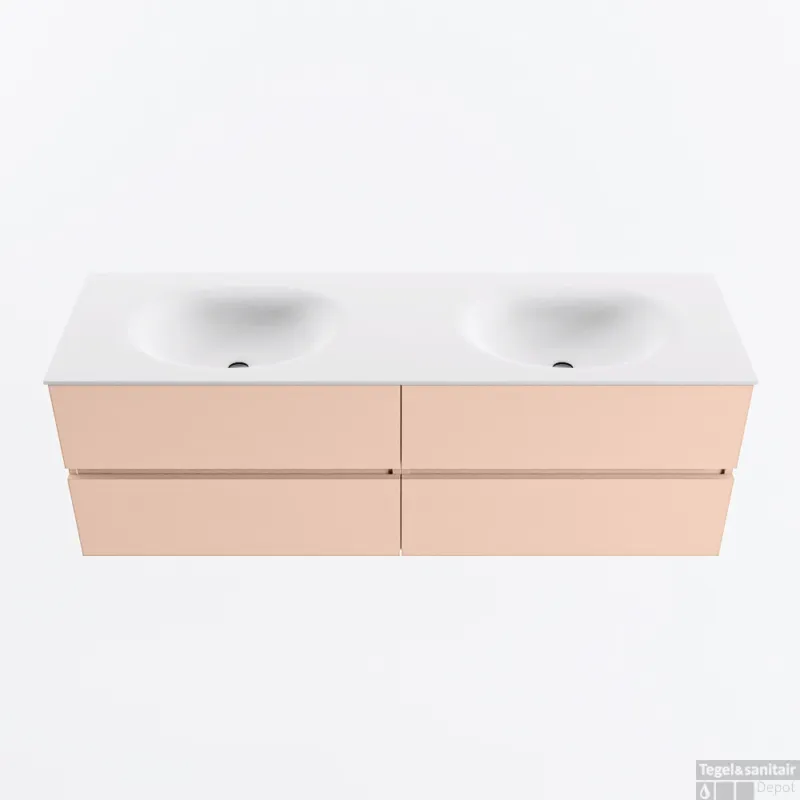 Alleen Vandaag MONDIAZ VICA 150cm badmeubel onderkast Rosee 4 lades. Wastafel MOON dubbel zonder kraangat, kleur Talc.