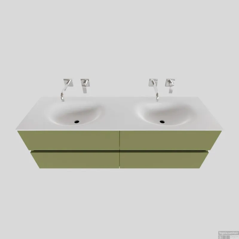 Exclusieve Aanbieding Badkamermeubel Solid Surface BWS Stockholm 150x46 cm Dubbel Mat Groen 4 Laden (zonder kraangaten)