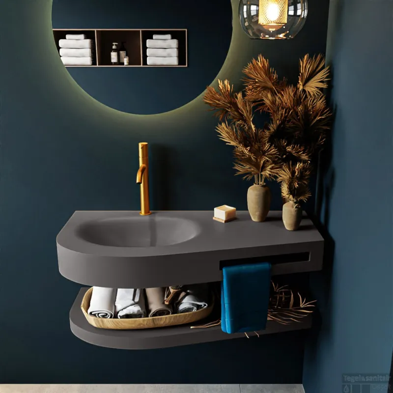 Tijdelijk Beschikbaar MONDIAZ RIVA 100cm Wastafel met planchet kleur Dark_Grey. Wastafel DULCET links 1 kraangaten kleur Dark_Grey.