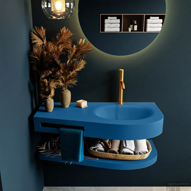 Speciale Aanbieding MONDIAZ RIVA 100cm Wastafel met planchet kleur Jeans. Wastafel DULCET rechts 1 kraangaten kleur Jeans.