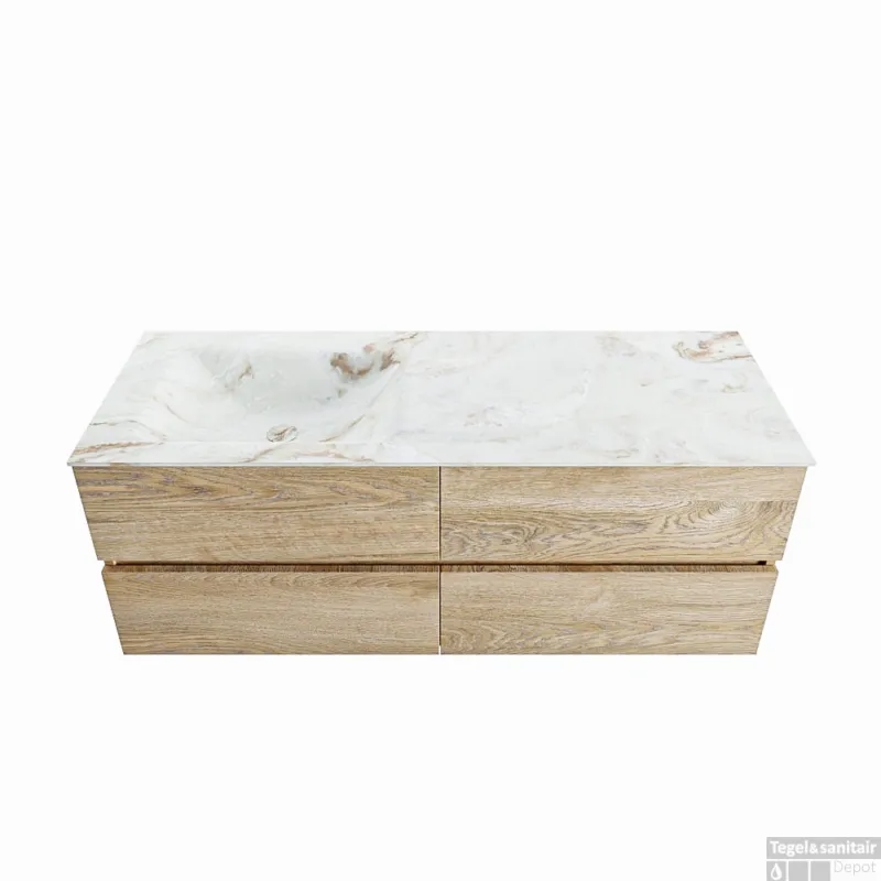 Superprijs MONDIAZ VICA-DLUX 130cm badmeubel onderkast Washed Oak 4 lades. Inbouw wastafel CLOUD links zonder kraangat, kleur Frappe.