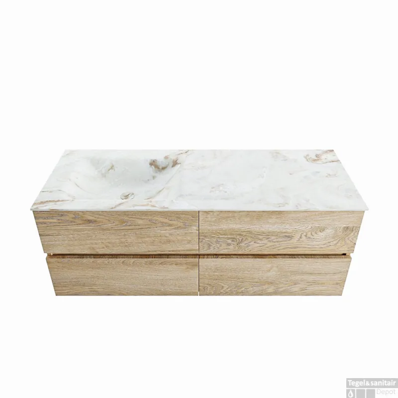 Flitsaanbieding MONDIAZ VICA-DLUX 130cm badmeubel onderkast Washed Oak 4 lades. Inbouw wastafel CLOUD links 1 kraangat, kleur Frappe.
