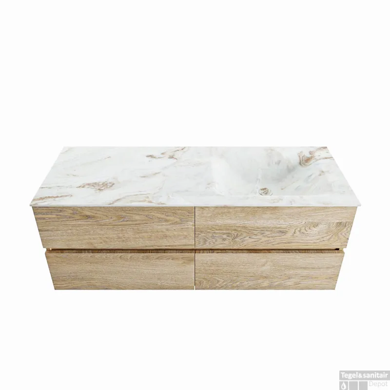 MONDIAZ VICA-DLUX 130cm badmeubel onderkast Washed Oak 4 lades. Inbouw wastafel CLOUD rechts 1 kraangat, kleur Frappe. Fabrieksprijs