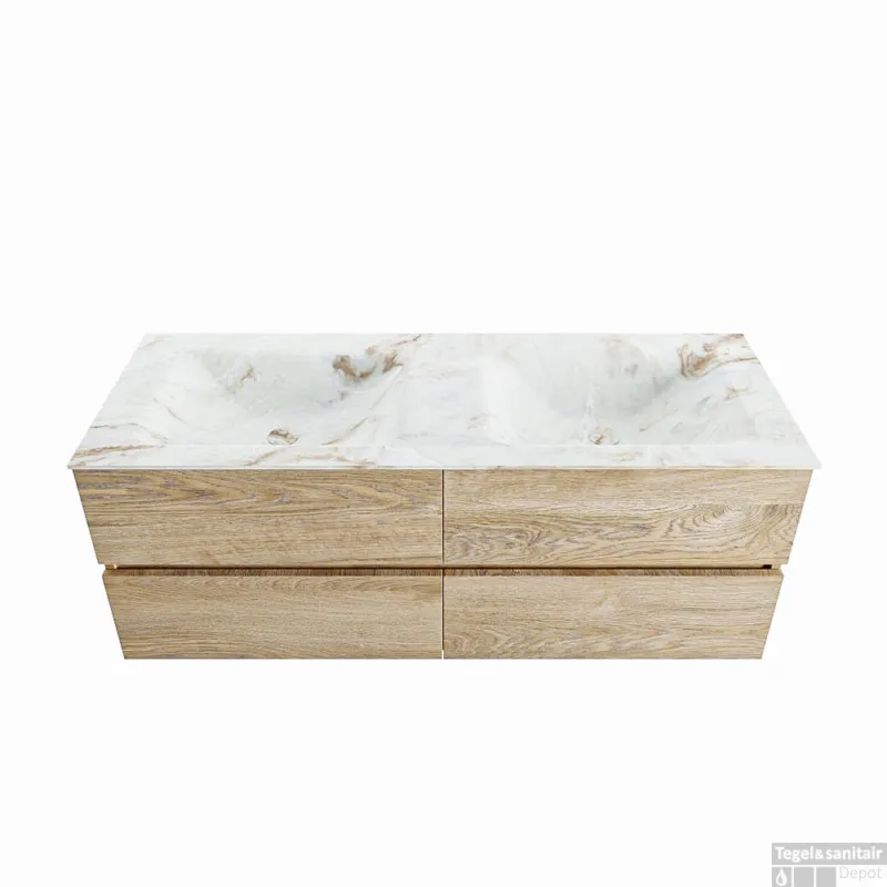 MONDIAZ VICA-DLUX 130cm badmeubel onderkast Washed Oak 4 lades. Inbouw wastafel CLOUD dubbel 2 kraangaten, kleur Frappe. Aanbieding