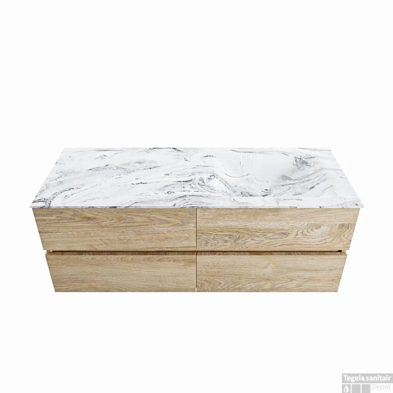 MONDIAZ VICA-DLUX 130cm badmeubel onderkast Washed Oak 4 lades. Inbouw wastafel CLOUD rechts zonder kraangat, kleur Glace. Merkproduct