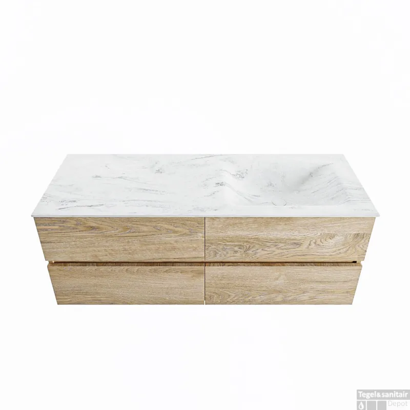 MONDIAZ VICA-DLUX 130cm badmeubel onderkast Washed Oak 4 lades. Inbouw wastafel CLOUD rechts zonder kraangat, kleur Opalo. Koopje
