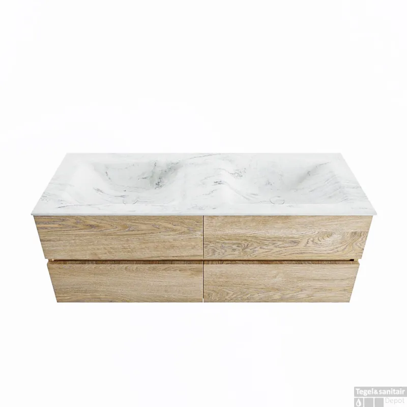 Betrouwbaar MONDIAZ VICA-DLUX 130cm badmeubel onderkast Washed Oak 4 lades. Inbouw wastafel CLOUD dubbel zonder kraangat, kleur Opalo.