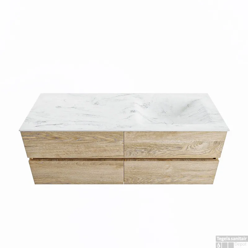 Exclusieve Aanbieding MONDIAZ VICA-DLUX 130cm badmeubel onderkast Washed Oak 4 lades. Inbouw wastafel CLOUD rechts 1 kraangat, kleur Opalo.