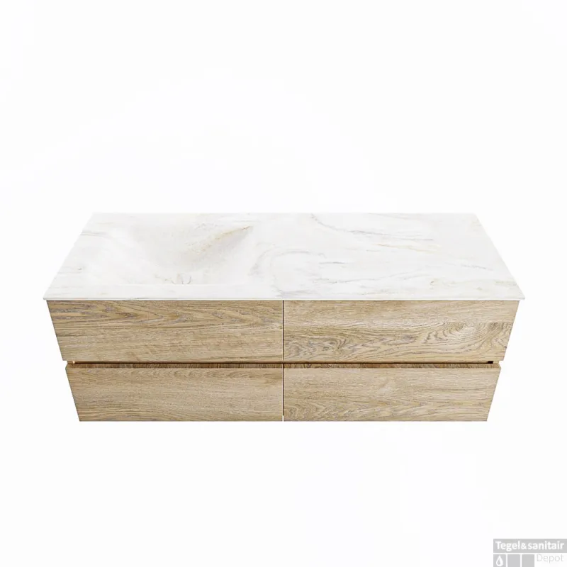 MONDIAZ VICA-DLUX 130cm badmeubel onderkast Washed Oak 4 lades. Inbouw wastafel CLOUD links zonder kraangat, kleur Ostra. Merkproduct