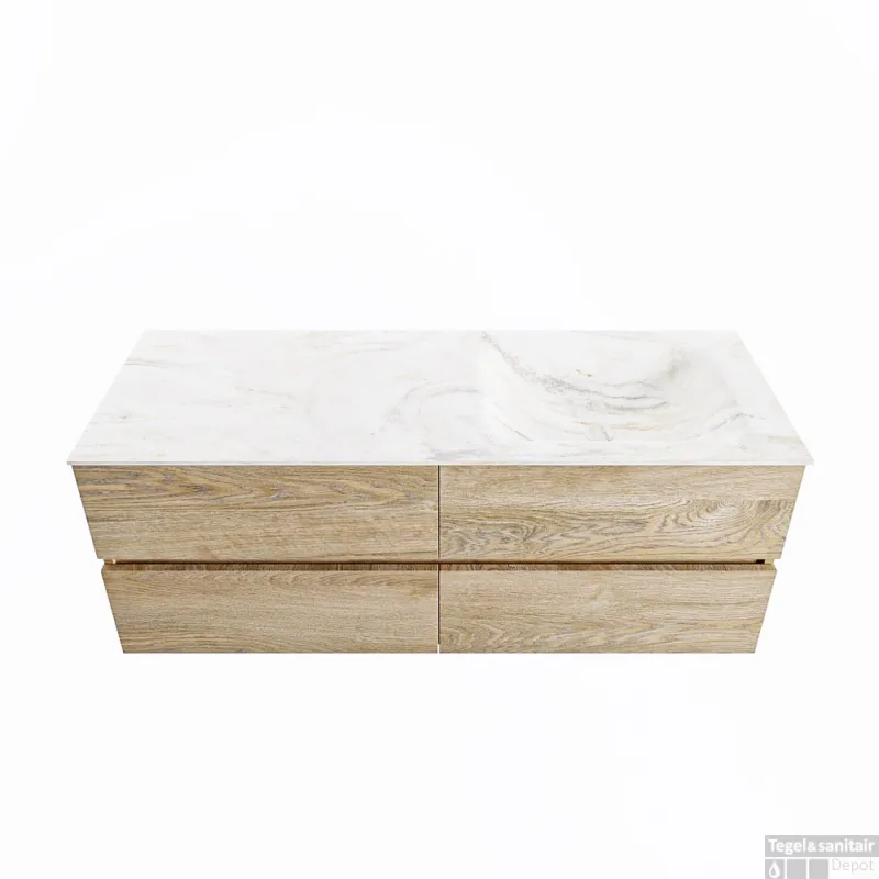MONDIAZ VICA-DLUX 130cm badmeubel onderkast Washed Oak 4 lades. Inbouw wastafel CLOUD rechts 1 kraangat, kleur Ostra. Exclusieve Aanbieding