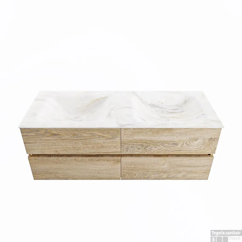 Beperkte Voorraad MONDIAZ VICA-DLUX 130cm badmeubel onderkast Washed Oak 4 lades. Inbouw wastafel CLOUD dubbel 2 kraangaten, kleur Ostra.