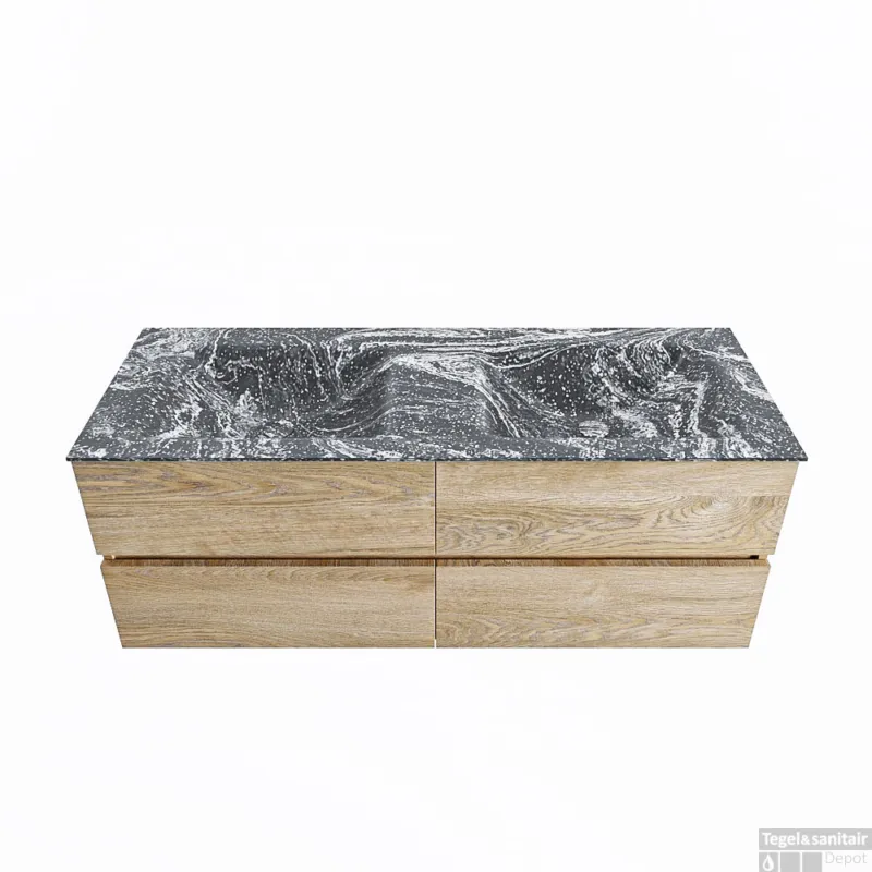Hete Deal MONDIAZ VICA-DLUX 130cm badmeubel onderkast Washed Oak 4 lades. Inbouw wastafel CLOUD dubbel zonder kraangat, kleur Lava.
