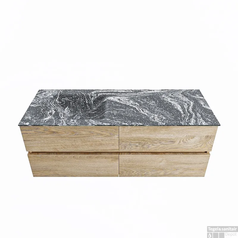 Snelle Levering MONDIAZ VICA-DLUX 130cm badmeubel onderkast Washed Oak 4 lades. Inbouw wastafel CLOUD links 1 kraangat, kleur Lava.