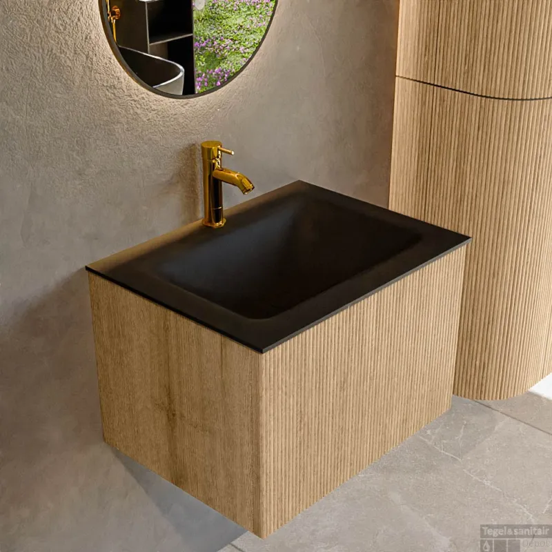 Shop Nu Mondiaz KURVE 60 cm Onderkast Greeploos 1 Lade Zonder Deuren Oak, Wastafel Solid Surface Midden Urban 1 Kraangat Zonder Spiegel (KRVCLO601L0D1KM-Oak/Urb)