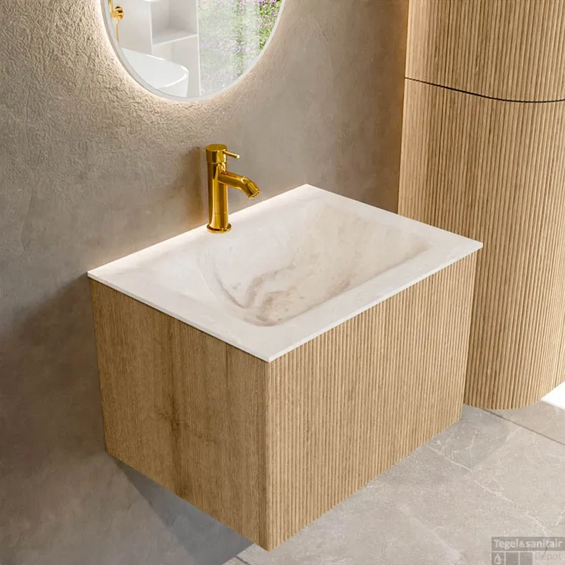 Rechtstreeks Van De Fabrikant Mondiaz KURVE-DLUX 60 cm Onderkast Greeploos 1 Lade Zonder Deuren Oak, Wastafel Solid Surface Midden Frappe 1 Kraangat Zonder Spiegel (KRVCLO601L0D1KM-Oak/Fra)