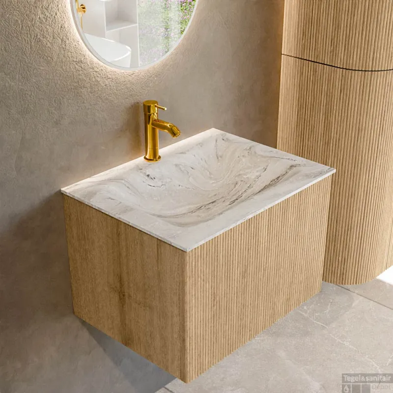 Must-Have Mondiaz KURVE-DLUX 60 cm Onderkast Greeploos 1 Lade Zonder Deuren Oak, Wastafel Solid Surface Midden Glace 1 Kraangat Zonder Spiegel (KRVCLO601L0D1KM-Oak/Gla)