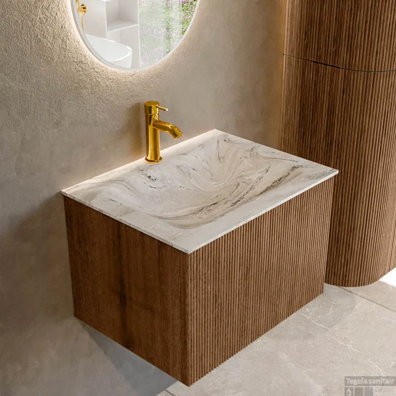 Hete Deal Mondiaz KURVE-DLUX 60 cm Onderkast Greeploos 1 Lade Zonder Deuren Walnut, Wastafel Solid Surface Midden Glace 1 Kraangat Zonder Spiegel (KRVCLO601L0D1KM-Wal/Gla)