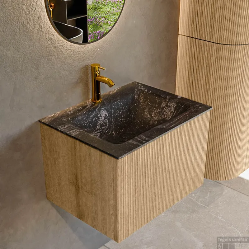 Hete Deal Mondiaz KURVE-DLUX 60 cm Onderkast Greeploos 1 Lade Zonder Deuren Oak, Wastafel Solid Surface Midden Lava 1 Kraangat Zonder Spiegel (KRVCLO601L0D1KM-Oak/Lav)