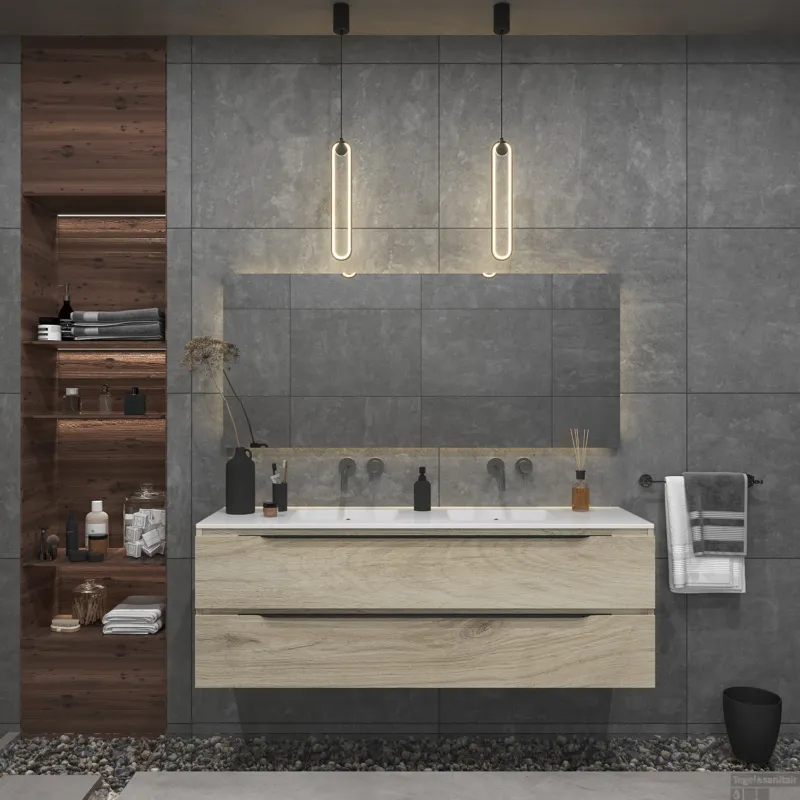 Favoriet Badkamermeubelset Gliss Design Hera Mat Zwart 140cm 4 Laden Licht Grijs Eiken (Keuze Wastafel)