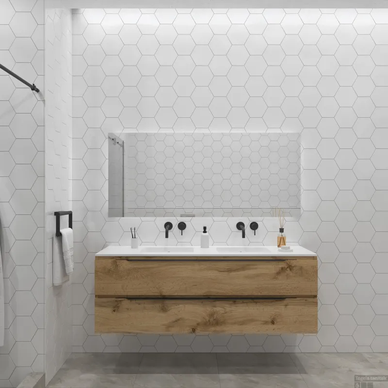 Badkamermeubelset Gliss Design Hera Mat Zwart 140cm 4 Laden Rustiek Eiken (Keuze Wastafel) Korting