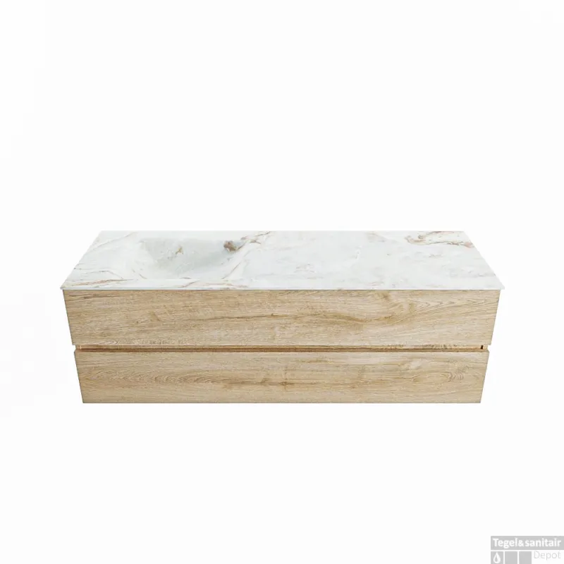 MONDIAZ VICA-DLUX 150cm badmeubel onderkast Washed Oak 2 lades. Inbouw wastafel CLOUD links 1 kraangat, kleur Frappe. Weekendaanbieding